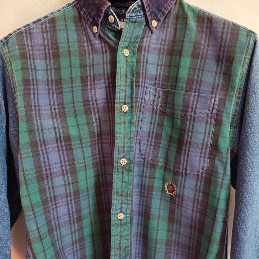 Boys SZ M Vintage Tommy Hilfiger Green/Multi Mixed Media Denim Shirt - Picture 3 of 6